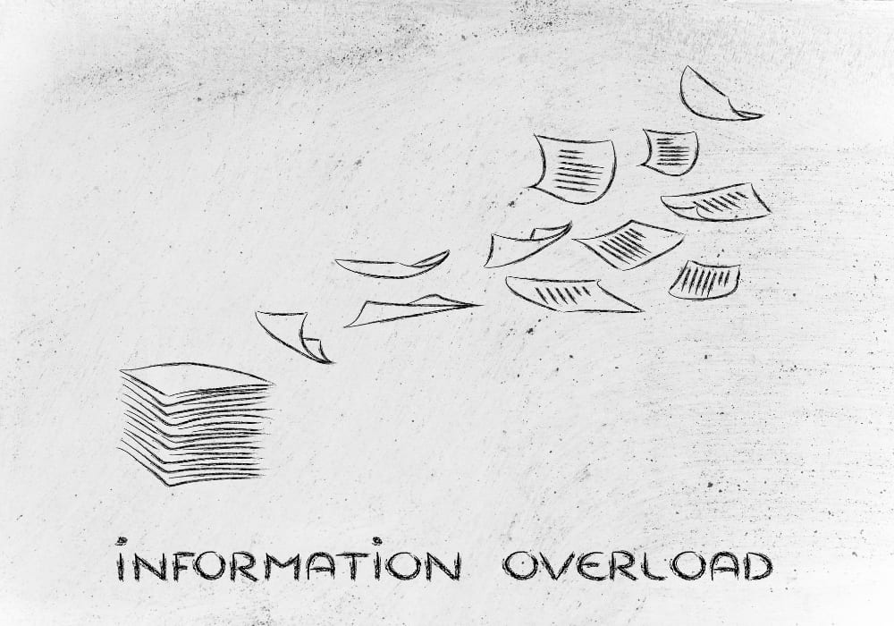 Illustration of papers flying away symbolizing information overload.