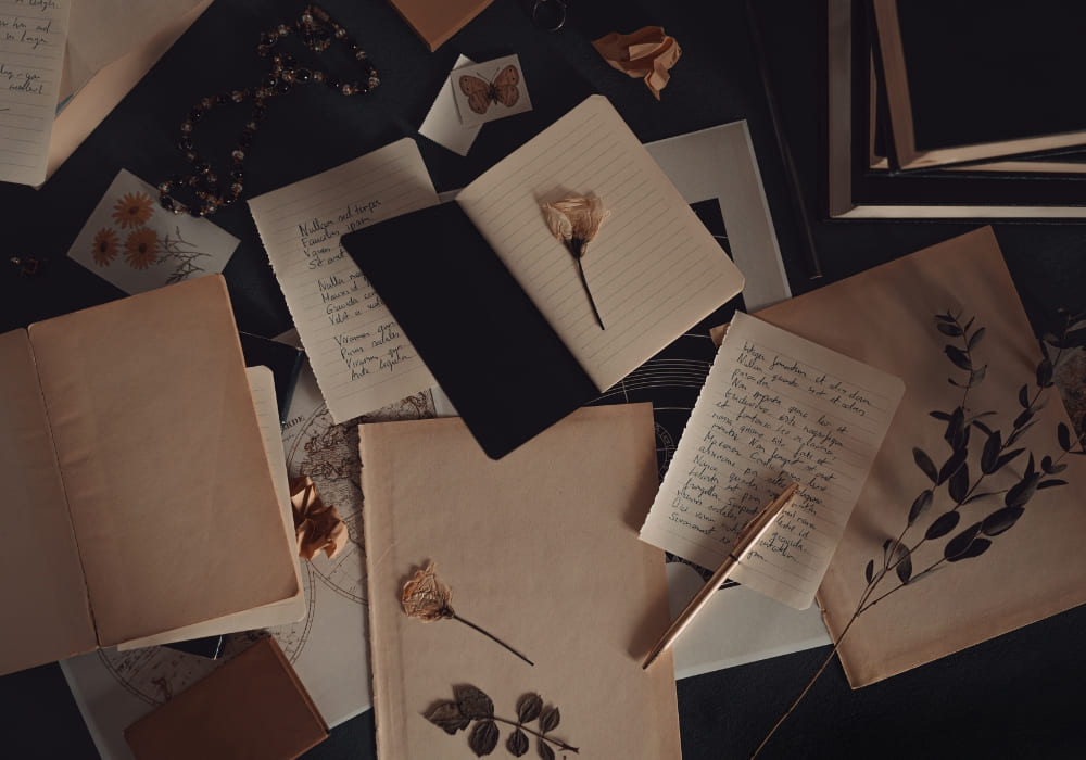 A moody, artistic flat lay of open journals, handwritten notes, pressed flowers, and scattered books, evoking the intimate process of creative expression and the raw beauty of poetry.